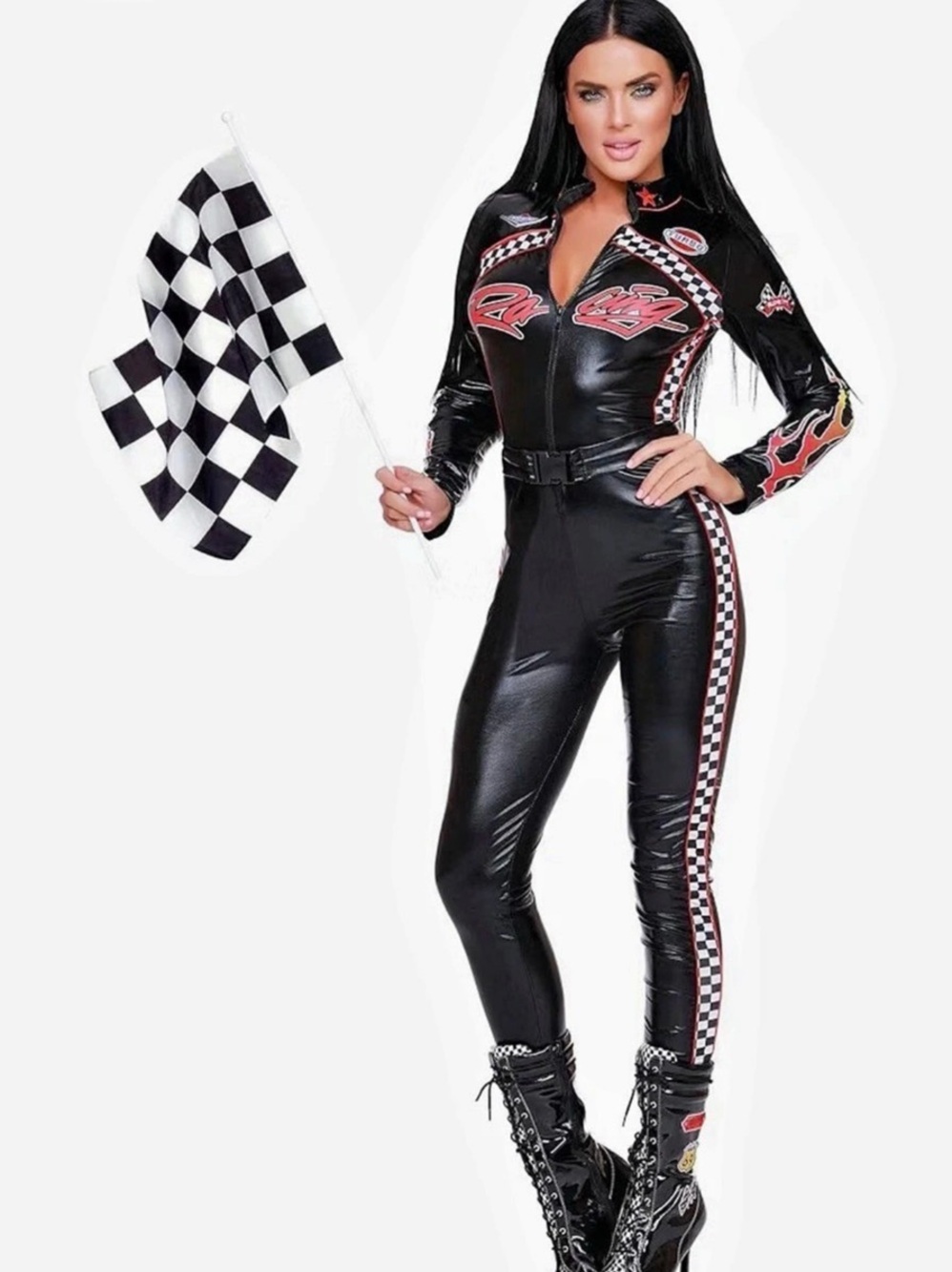 Racing Flag Girl Black & White Checkered Costume Jumpsuit